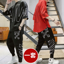 Short sleeve T-shirt ins summer set of clothes Korean fashion Half sleeve hip hop mens ruffian handsome suit Tide brand handsome