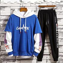 Youth sweater male hooded student Chao brand Hong Kong style suit loose pullover top trend thin model with a set