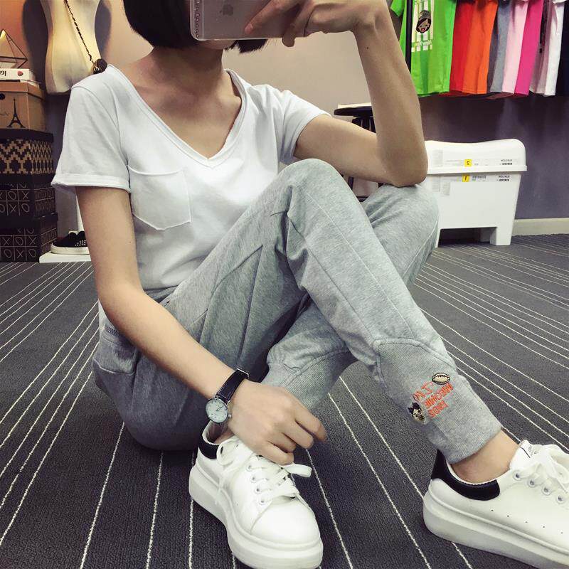 Tide Card Korean Version Sports Pants Women Summer Thin Long Pants Original Sleeping Bf Pure Cotton Swep Pants Loose and Casual Kharen Pants