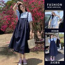 Pregnant Woman Lian Dress Suit Summer Dress 2022 Summer New Fashion Wash Pure Cotton Big Code Medium Long Braces Skirt