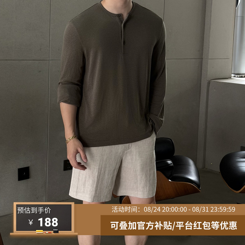 Ggg/Gujici Men's Clothing 【Rain Dew Linen Tencel】Zz Henry Collar Long Sleeve Autumn Men's Casual Long Sleeve T-Shirt
