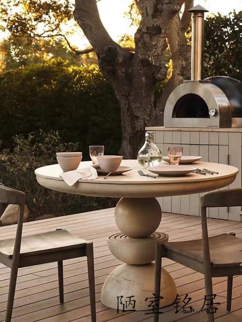 American country retro log round dining table, French simple old solid wood dining table, Nordic wabi-sabi style round dining table