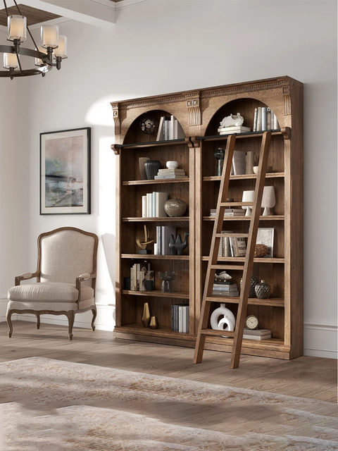 American country retro arched bookcase French solid wood carving neoclassical display cabinet with ladder bookshelf bookcase combination