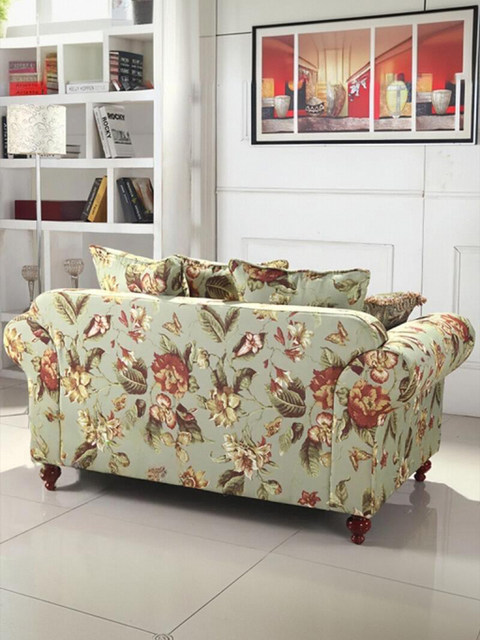 American country retro floral fabric French pastoral Mediterranean living room combination sofa European yellow green cotton and linen sofa