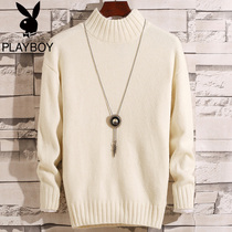 Playboy semi-turtleneck sweater mens autumn and winter students white base sweater Korean version of mens line clothing trend