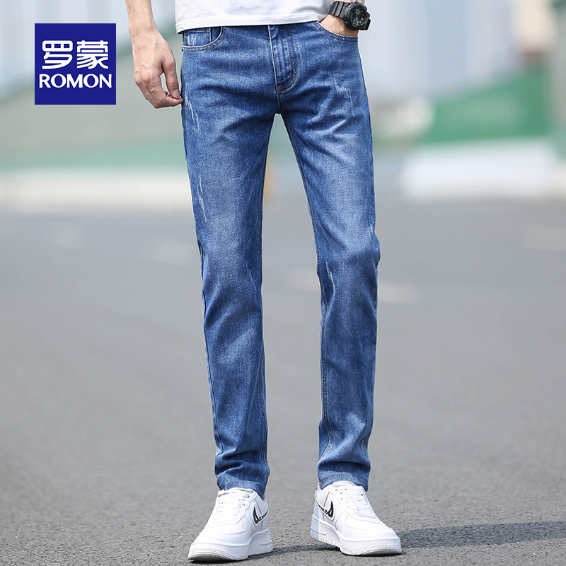 Romon 2022 new spring summer jeans Men's loose straight drum Chauded elastic body 100 lap casual long pants