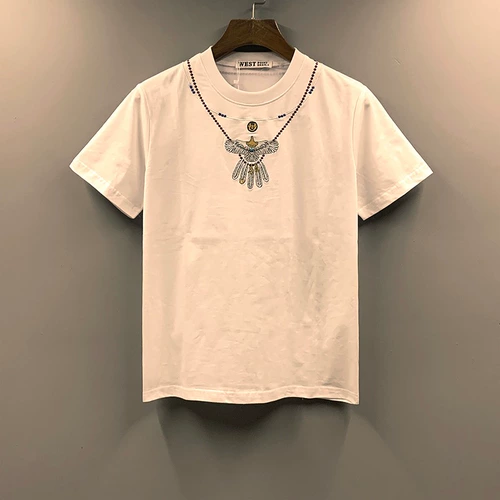 Брендовая бирюзовая этническая летняя футболка для влюбленных, европейский стиль, этнический стиль, с вышивкой, короткий рукав