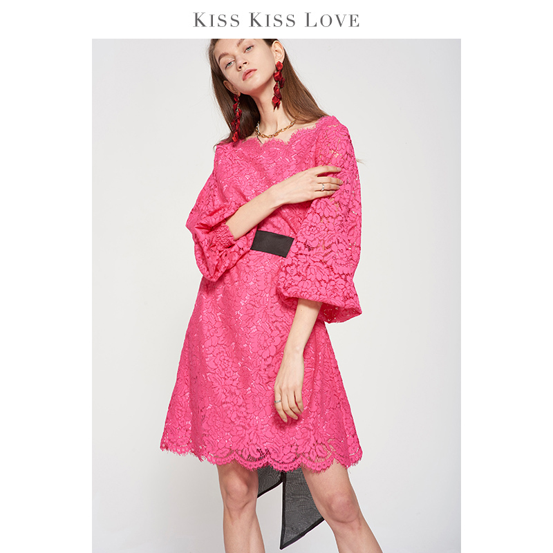 Kiss Kiss Love New European and American Style Loose Dress Rose Red Off-Shoulder Lace Dress