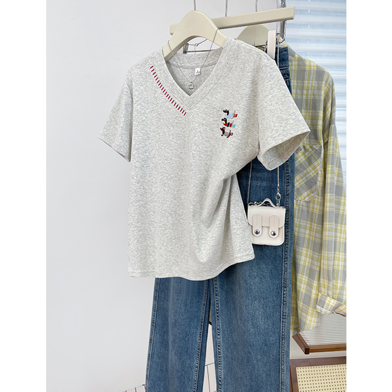 Summer Plus-Size Regular Shoulder V-Neck Slimming Short-Sleeve Simple Style Casual Pure Cotton Top Embroidered Versatile Women's T-Shirt