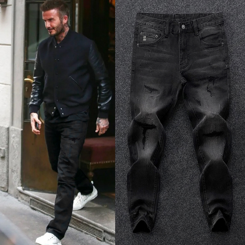 Original High-End Celebrity Style Beckham Trendy Brand Jeans for Men, Slim Fit, Slightly Straight Leg, Black and Gray Ripped Long Pants
