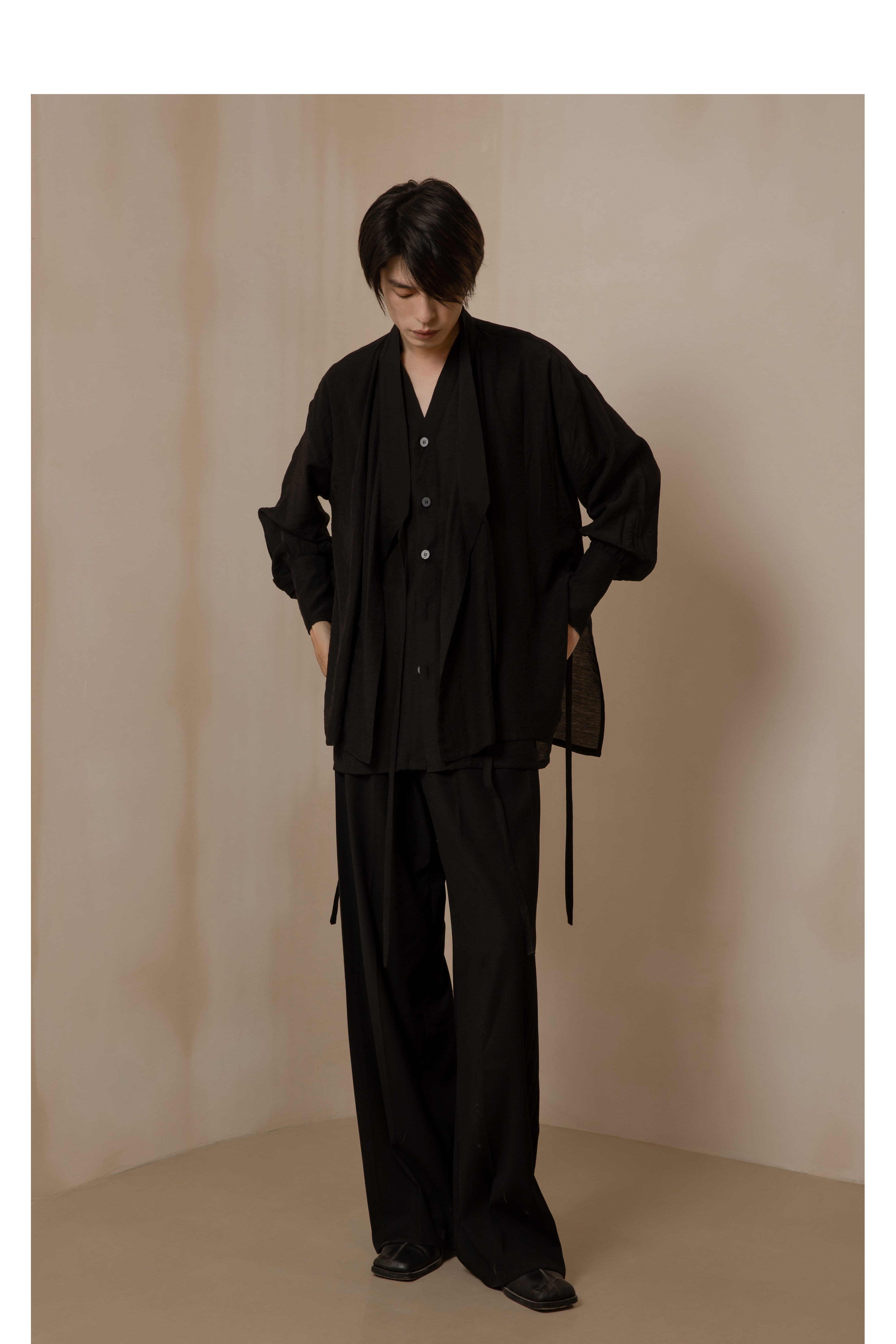 VAPOURBLUE original design black press pleats straight cylinder Western pants women summer high waist loose tow ground casual pants