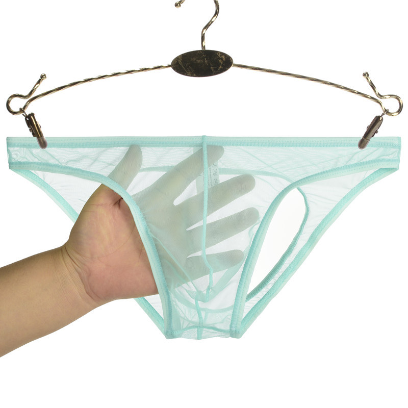 Men's transparent nude underwear mesh gauze leaking butt double thong sexy gay low waist triangle panty thong