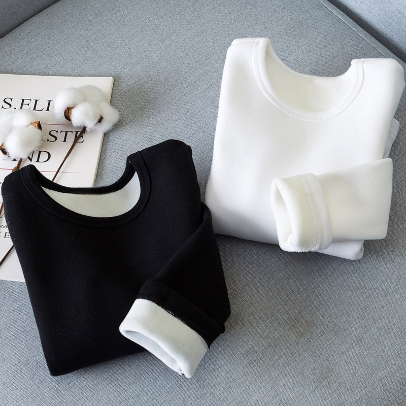 Children's base shirt Autumn and winter velvet thickened girls 'warm top Black boys' underwear White big children's round neck low