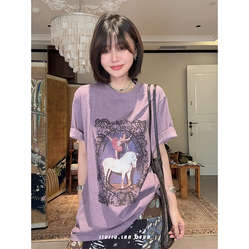 Lan Deur【Summer Shade】New Design Lace Print Round Neck Loose Versatile Short-Sleeved T-Shirt Lan Deur【Summer Shade】New Design Lace Print Round Neck Loose Versatile Short-Sleeved T-Shirt