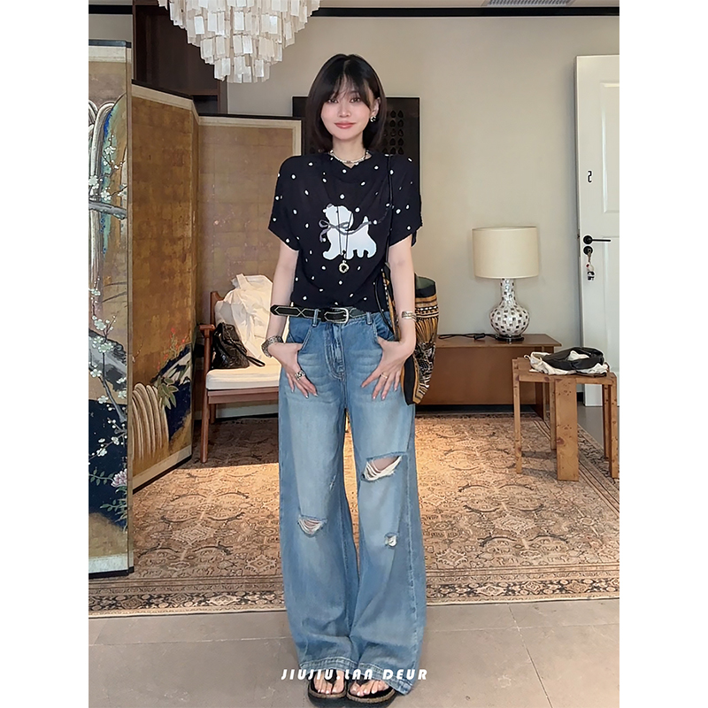Lan Deur【Summer Afternoon Tea】Lyocell+Hemp Korean Retro Design Slimming Jeans for Women