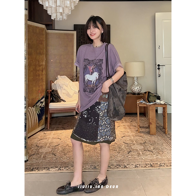 Lan Deur【Zhiyouning】Fashionable Color-Blocked Printed Skirt for Women, Versatile Casual A-Line Skirt Lan Deur【Zhiyouning】Fashionable Color-Blocked Printed Skirt for Women, Versatile Casual A-Line Skirt