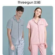 Three gun pajamas mens and womens spring and summer new products dense cotton lapel placket couple home clothes short-sleeved trousers fashion temperament