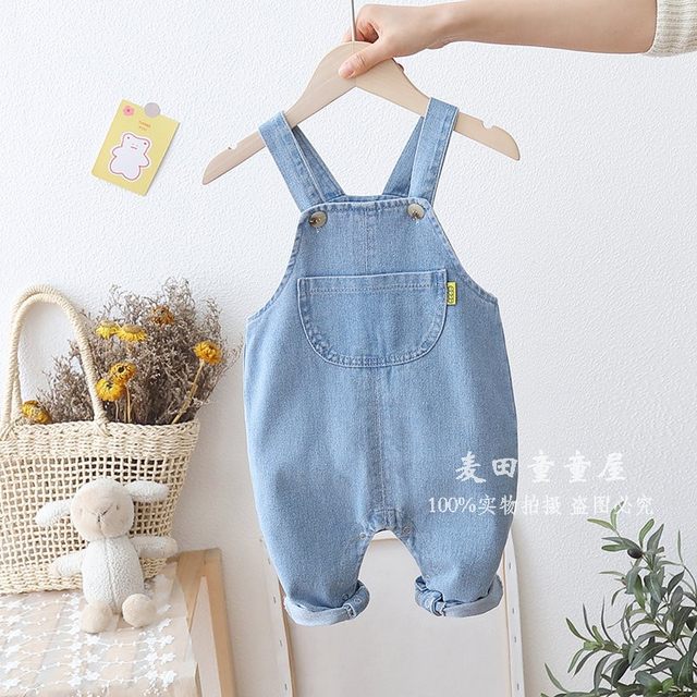 Spring and autumn super foreign style baby overalls ins pure cotton summer thin section denim children's pants 1 year old baby jumpsuit