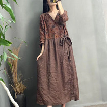Spring and autumn long sleeve dress retro Chinese style 2021 tea break long skirt hemp material waist skirt Zhengzhen original 2262