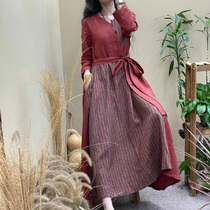 (Spring and Autumn Dress Women Long Sleeve) Temperament Thin Original Long Sleeve Skirt Streak Waist Single Cotton and Long Skirt