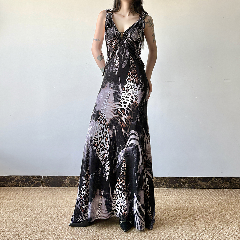 Krasa Retro Hollow-Out Color-Block Leopard Print V-Neck Sleeveless Dress with Tie-Up Slim-Fit Design Camisole Dress for Women