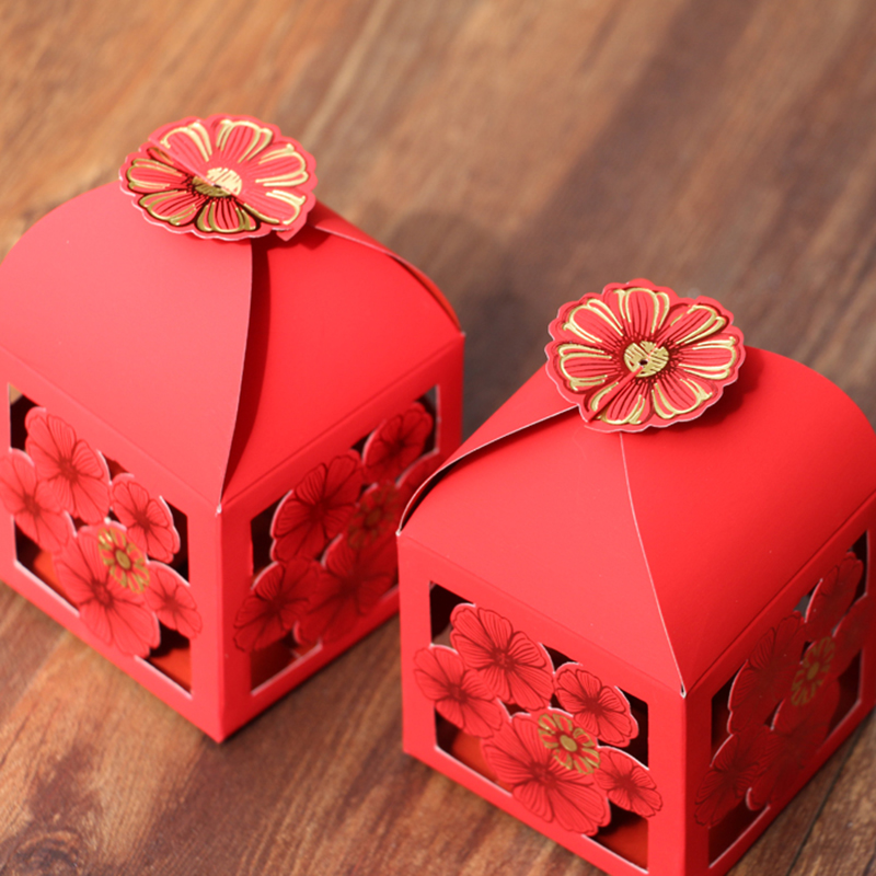 Wedding Delight Items Wedding Happy Sugar Box Hollowed-out Chinese Red Gift Box Candy Packing Box Small Horn Sugar Box