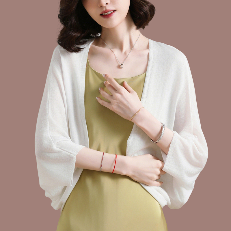 Chunzhu Shijia Mulberry Silk Knitted Cardigan for Women, Summer Outerwear, Elegant Batwing Sleeve Shawl to Pair with Cheongsam