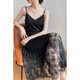 2022 new large size women's summer hollow stitching pleated long skirt fat sister cover belly and look thin suspender dress