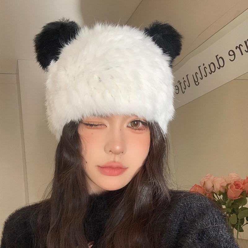Bear Ear Rabbit Fur Hat for Women, Cute and Warm Plush Knitted Beanie with Ear Protection, Makes Face Look Smaller, Trendy for Elementary School Students