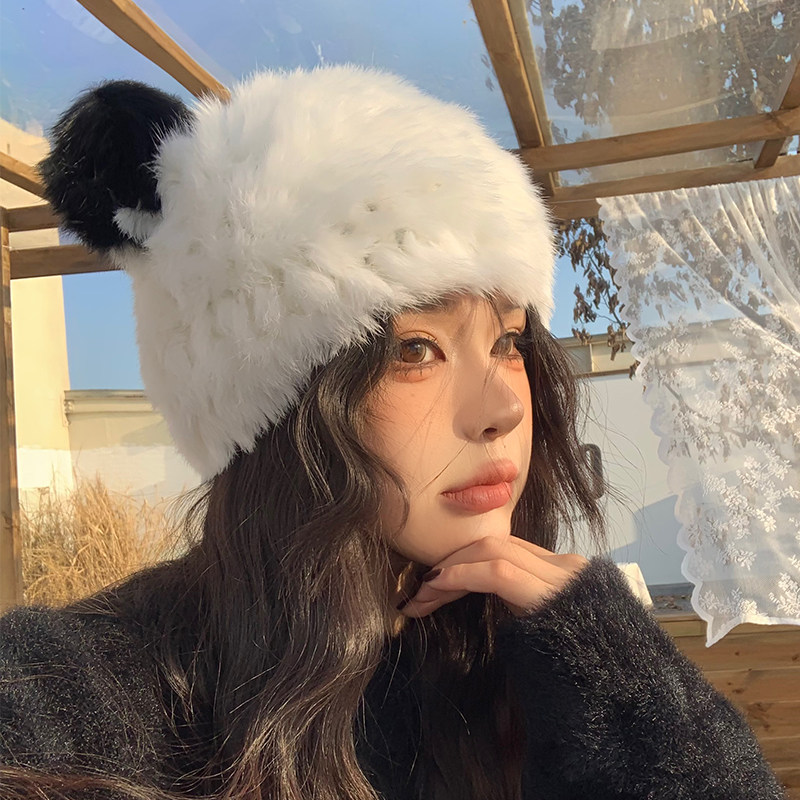 Bear Ear Rabbit Fur Hat for Women, Cute and Warm Plush Knitted Beanie with Ear Protection, Makes Face Look Smaller, Trendy for Elementary School Students
