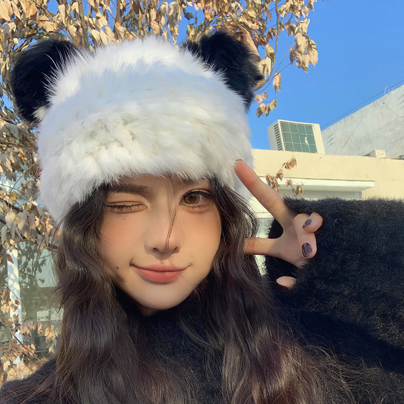 Bear Ear Rabbit Fur Hat for Women, Cute and Warm Plush Knitted Beanie with Ear Protection, Makes Face Look Smaller, Trendy for Elementary School Students