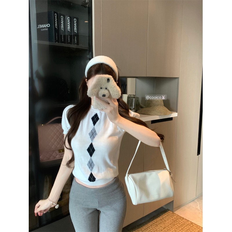 Designed with Contrasting Colors, Diamond-Patterned Round Neck, Puff Sleeves, Knitted Short-Sleeved Women's Summer Slim-Fitting and Versatile White Top