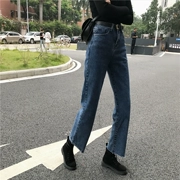 Hàn Quốc mùa thu và mùa đông retro hoang dã cao eo giản dị quần thẳng nữ cũ rửa len quần denim rộng chân