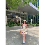 Летний корсет, юбка, цветочный принт, эффект подтяжки, французский стиль, яркий броский стиль, А-силуэт