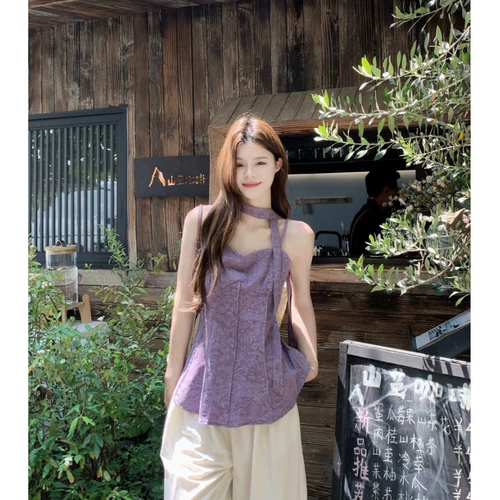 Сиреневый летний короткий топ с чашечками, французский стиль, китайский стиль