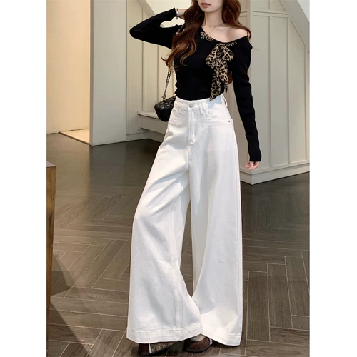 Белые цветные прямые свободные джинсы, штаны, высокая талия