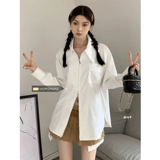 Дизайнерская белая осенняя синяя рубашка, французский стиль, воротник поло