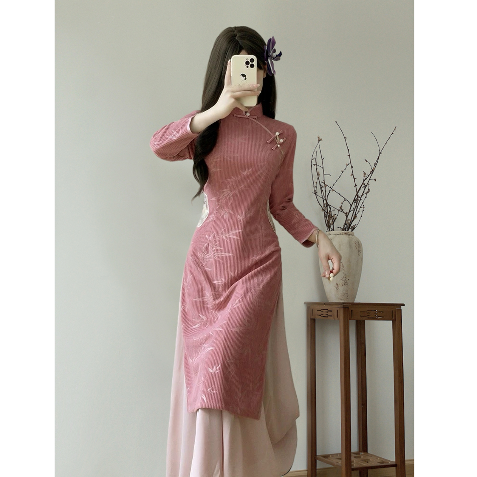 ピンクの改良チャイナドレススカート 2025 新春スタイル 中華民国 ミススリム 新中国アオザイドレス ティードレス