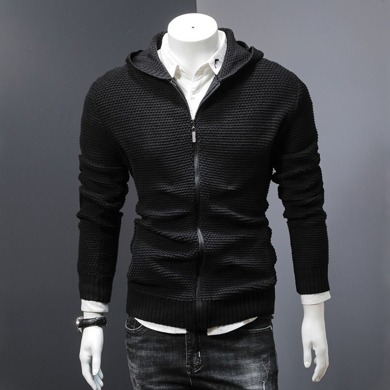 Men's Sweater with Hood, Solid Color, Trendy Korean Style, Slim Fit, Pineapple Pattern, Zip-Up Sweater, Men's Knitted Cardigan