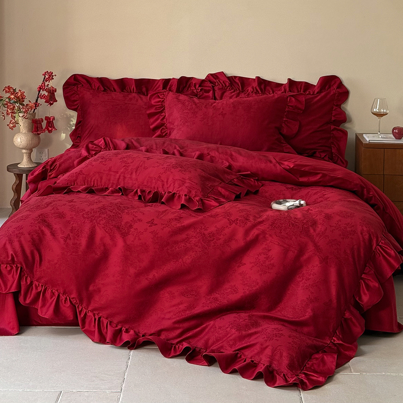 Carat Love French Romantic Wedding Four-Piece Set Pure Cotton Jacquard Quilt Cover Red Wedding Dowry Quilt Bedding