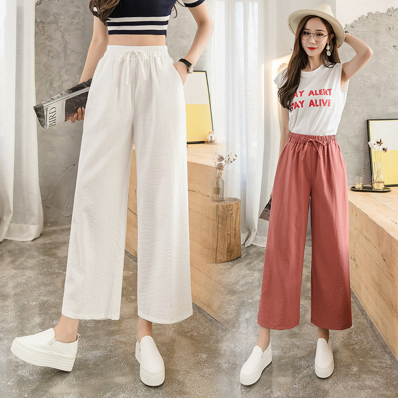 Ice silk wide-leg pants women's summer thin cotton and linen pants women's 2023 new high waist drape nine-point straight casual pants