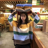 Mùa thu đông hoang dã Phiên bản Hàn Quốc của sọc màu tương phản màu lỏng cổ tròn áo thun dài tay đan áo len dày nữ áo len kiểu hàn quốc cực đẹp