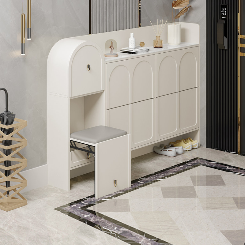 Cream Wind Ultra Slim Flipper Shoe Cabinet 17cm Narrow Home Doorway 2022 New Entrance Hygout Shoes Cabinet With Stool-Taobao
