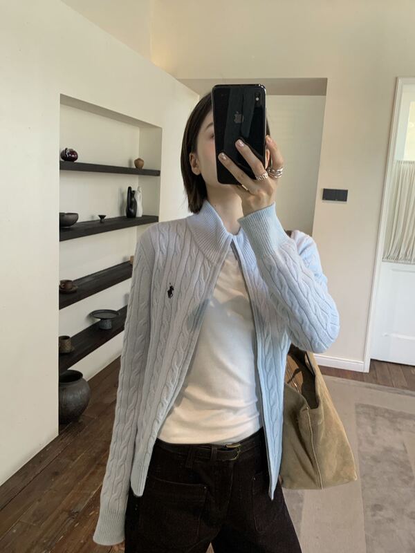 All-Wool Zip-Up Stand-Collar Sweater Jacket for Women, 2026 Autumn New Versatile Cable Knit Cardigan Top M8829