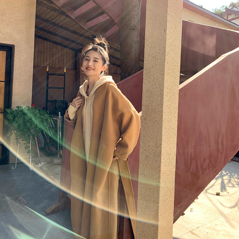 Double-sided cashmere coat women's long version 2020 Autumn and Winter Korean version 100%wool lapel belt loose wool coat