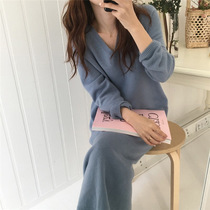 Autumn and winter new V-neck sweater womens long loose long dress wild knitted wool knee-length dress sweater