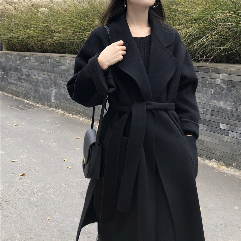 Double-sided cashmere coat women's long version loose silhouette Korean handmade lace-up wool coat thickened wool coat