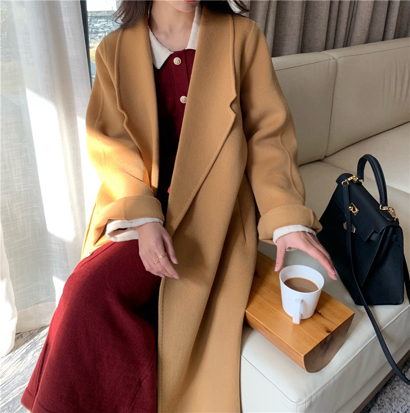 Double face cashmere big coat woman 2021 new medium long version lacing high-end temperament slim wool Mao jacket winter