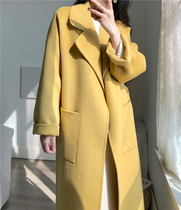  Goose yellow double-sided cashmere coat womens mid-length loose over-the-knee handmade 100%wool wool coat South Korea