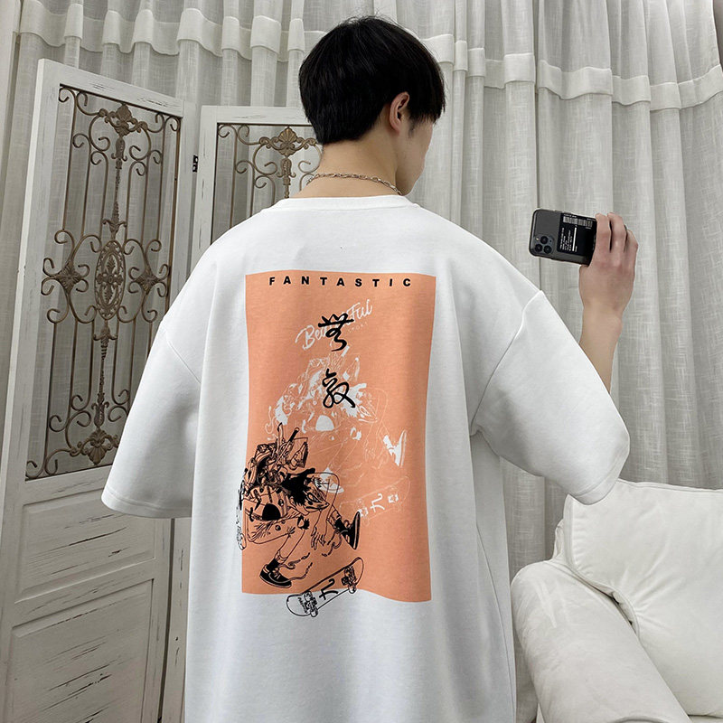 Summer cotton T-shirt men's Hong Kong fashion brand half-sleeve bottoming shirt 2021 new loose printing short-sleeved T-shirt men